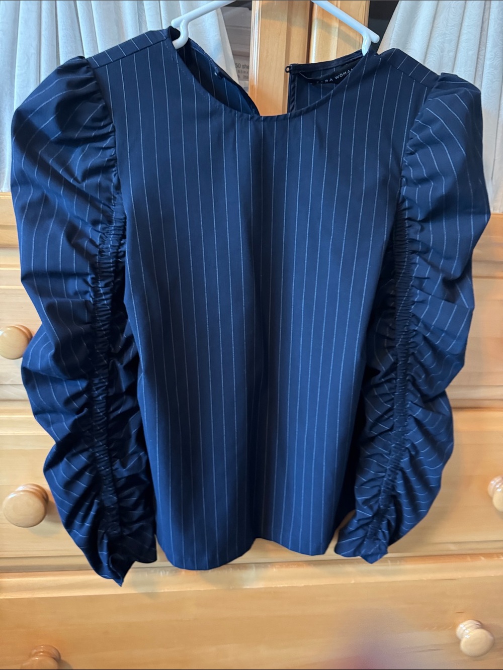 Zara Navy Pinstripe Puff-Sleeve Blouse